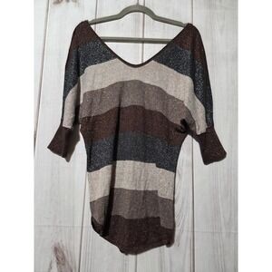 Express Sweater Womens Small Brown Metallic Stripe Tunic Dolman 3/4‎ Sleeve Top